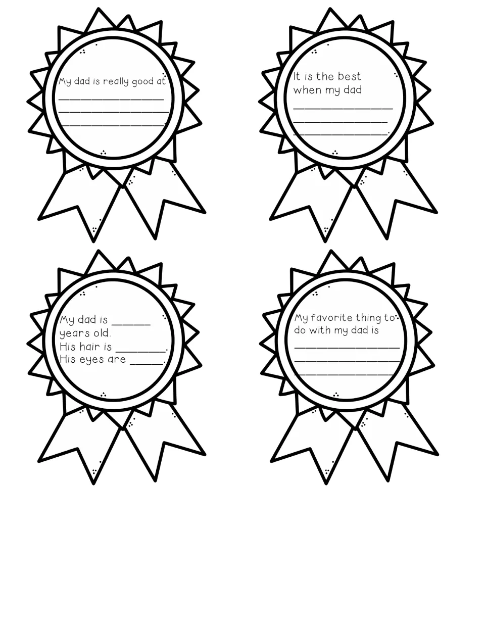 Four ribbon awards with sentence starters about dad: what he is good at, his age, hair and eyes, and favorite things to do