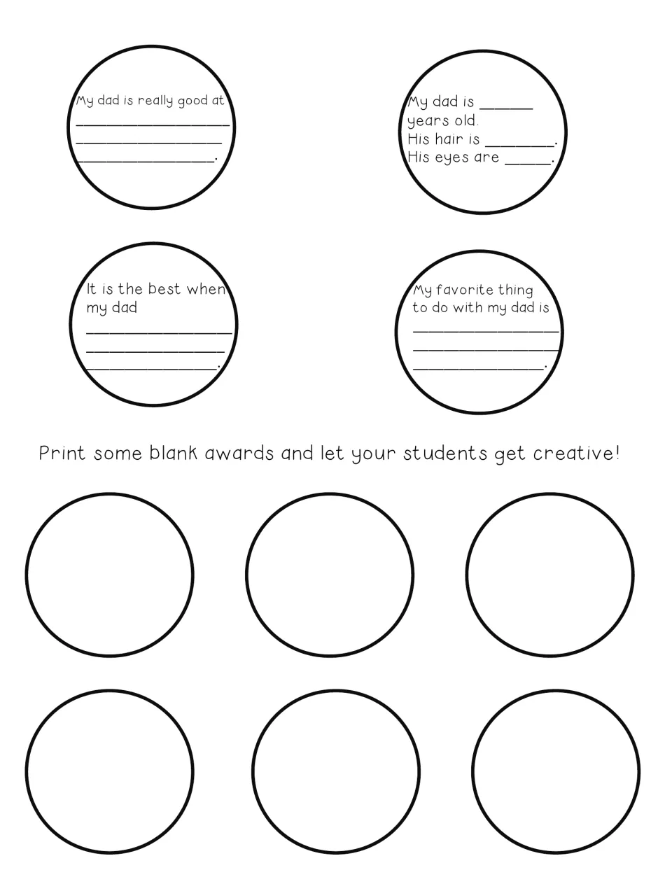 Center circles with four dad prompts to print on white paper, plus six blank circles for students' own award ideas