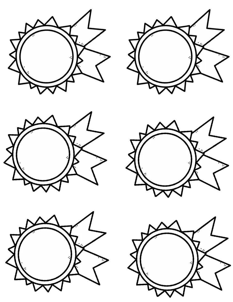 Six blank sideways ribbon awards with tails pointing right, an alternate style for students to color, cut and write on