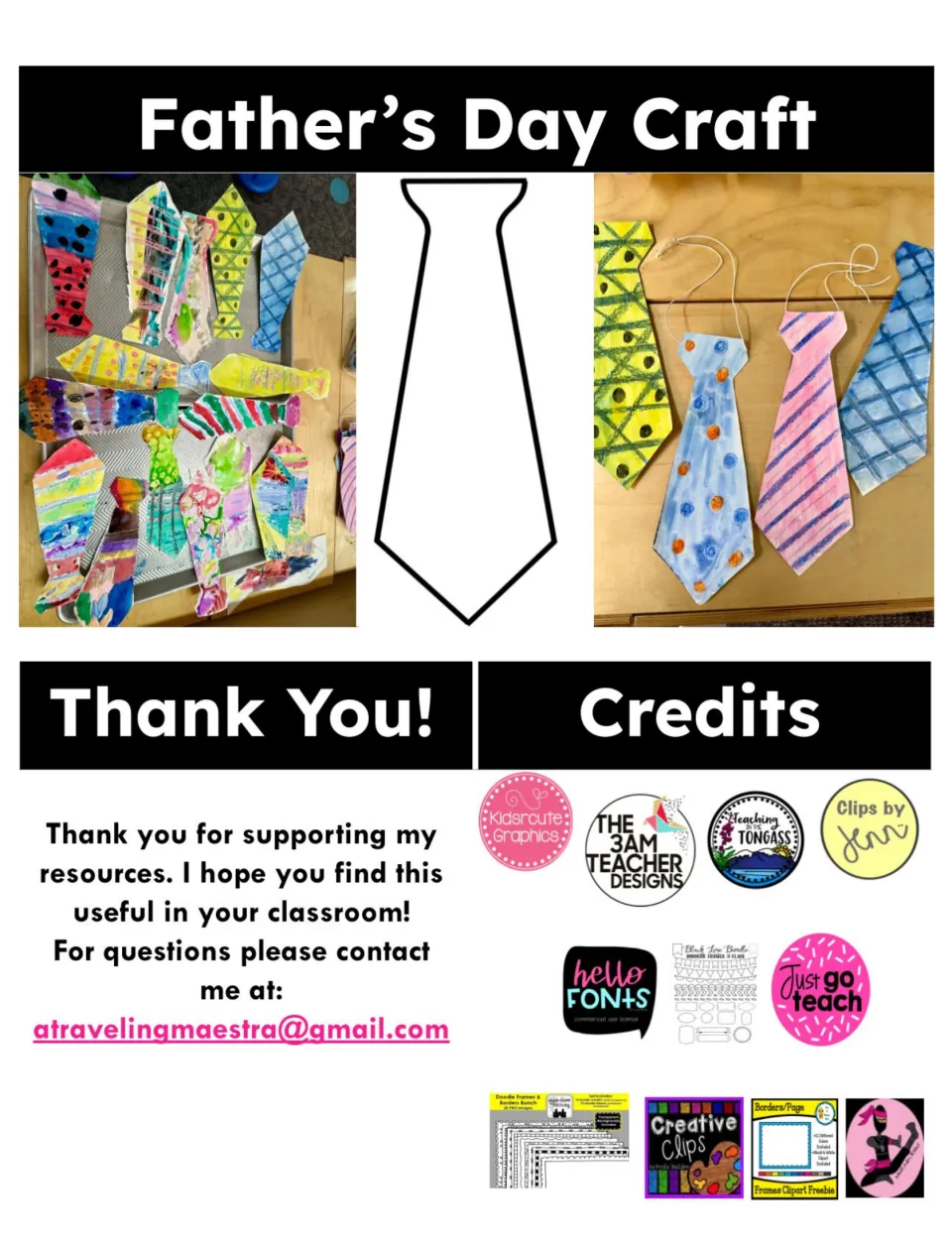 Father's Day Craft cover showing decorated student ties, a blank tie template, a thank-you note and credits