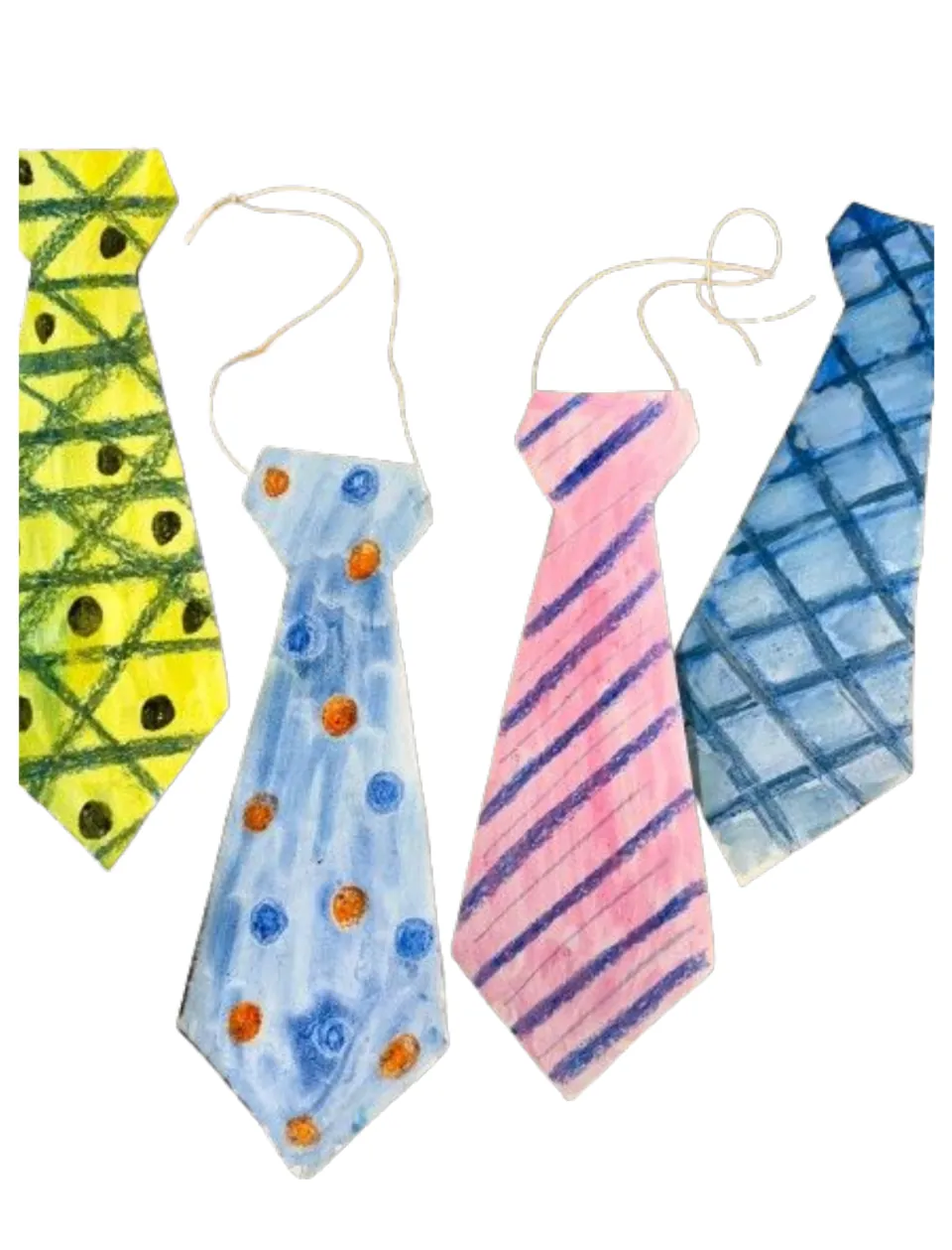 Final tie craft example sheet showing four decorated ties, including dotted and striped ties with string