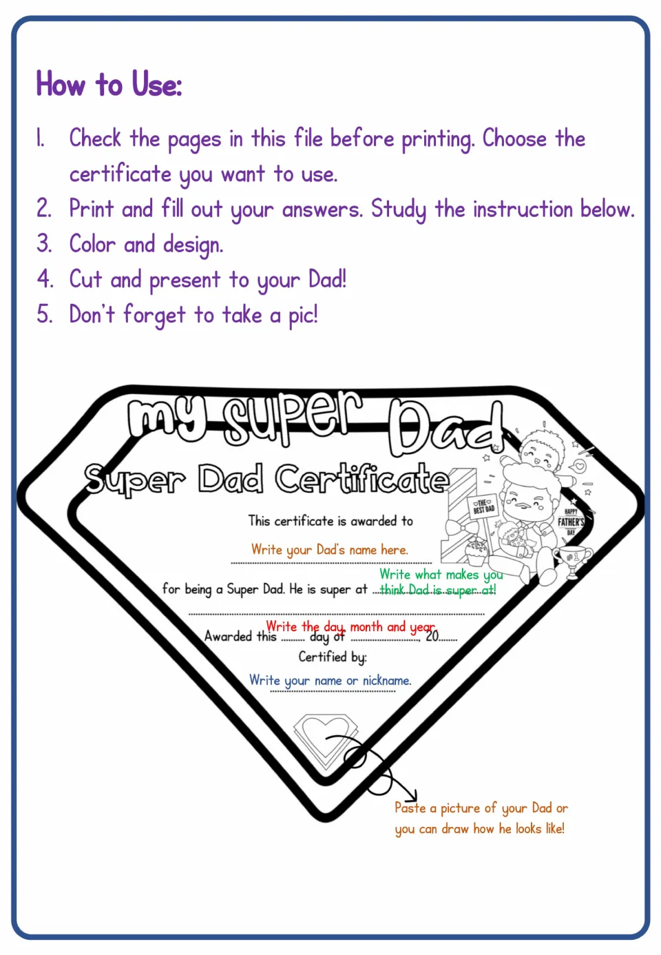 How to Use steps: choose, fill out, color, cut and present a certificate, with a sample showing what to write on each line
