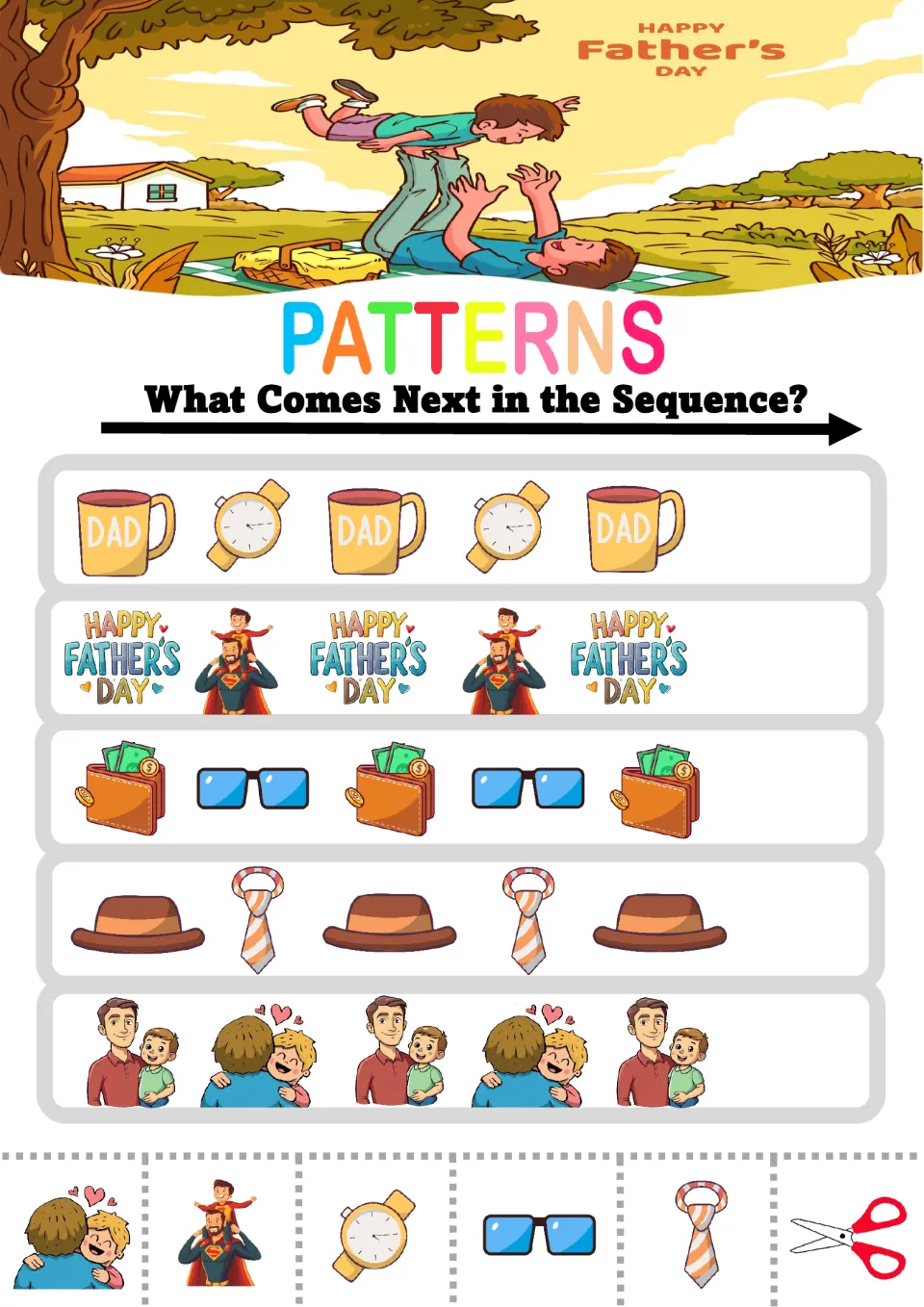 Father's Day AB patterns: students cut out pictures to finish rows of mugs and watches, wallets and glasses, hats and ties