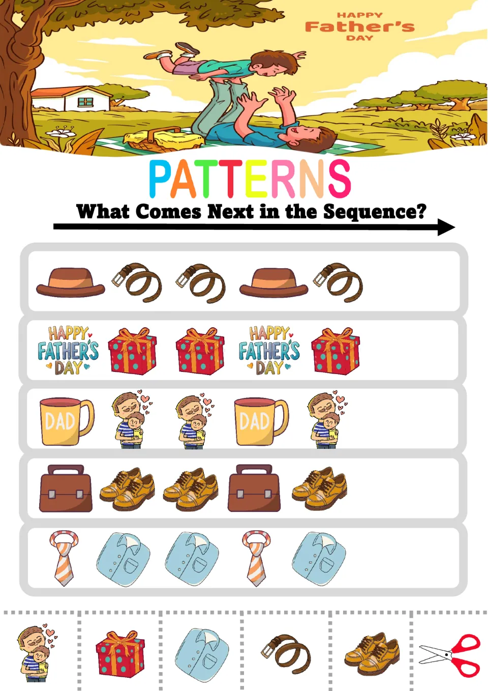 Father's Day ABB patterns: students cut out the next picture for rows of hats and belts, gifts, DAD mugs, shoes and shirts