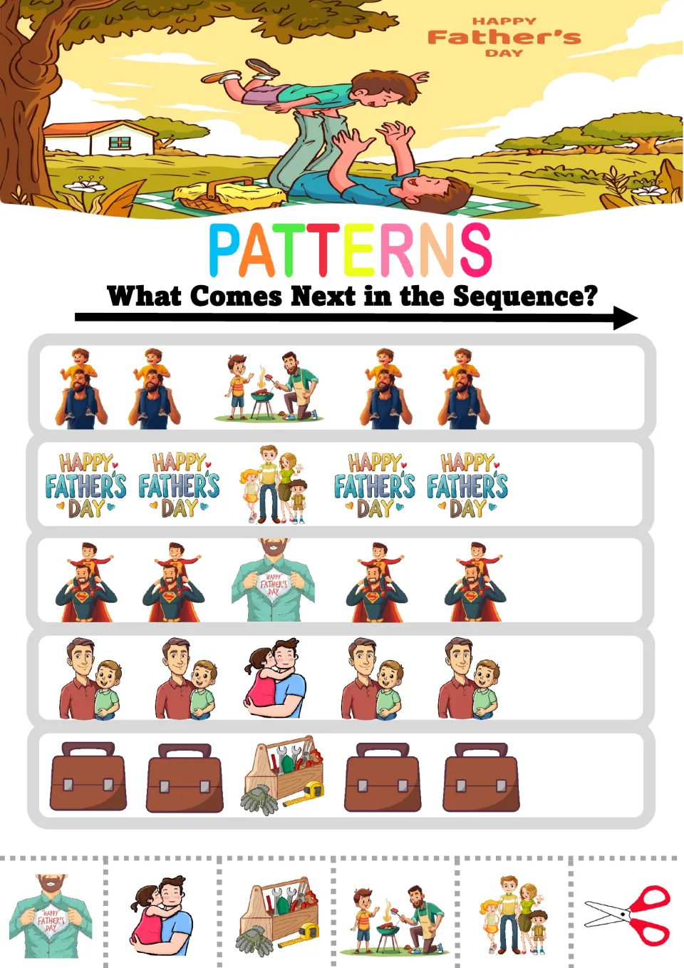 Father's Day AAB patterns: students glue the missing pictures, such as a barbecue, toolbox, family and dad hug