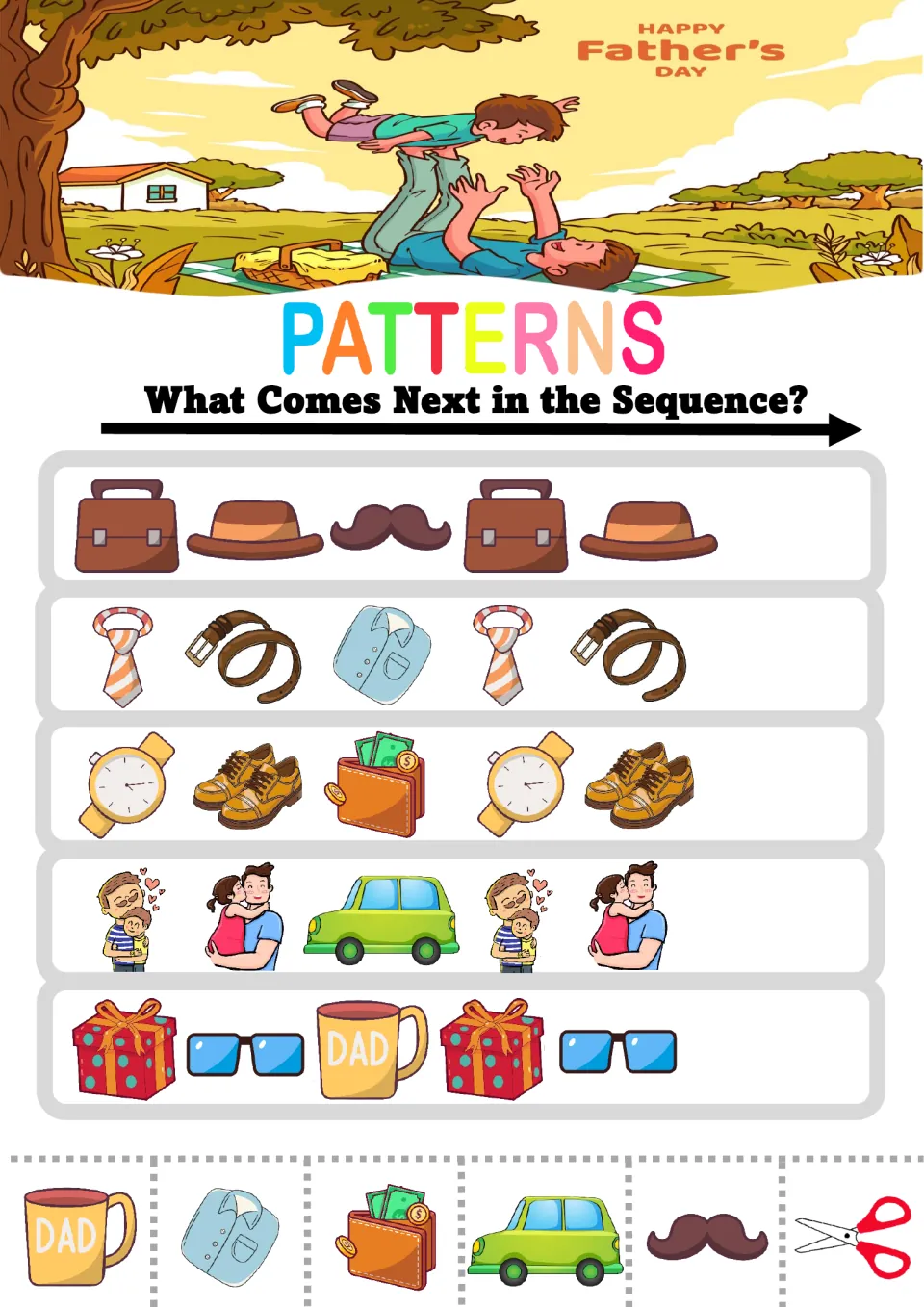 Father's Day ABC patterns: students extend three-item rows like briefcase, hat, mustache and watch, shoes, wallet