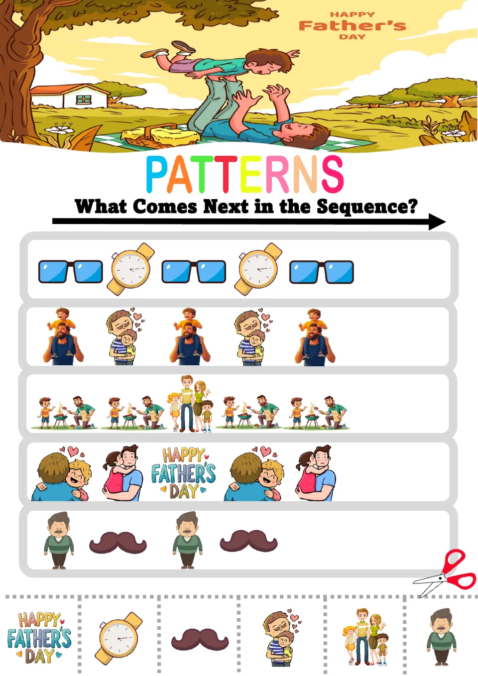 Mixed Father's Day picture patterns: students finish glasses and watch, barbecue and family, and dad and mustache rows