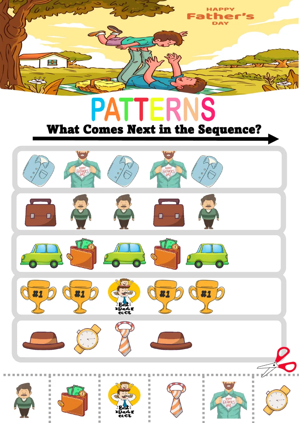 Father's Day sequence practice: students continue rows of shirts, briefcases, cars and wallets, #1 trophies and hats