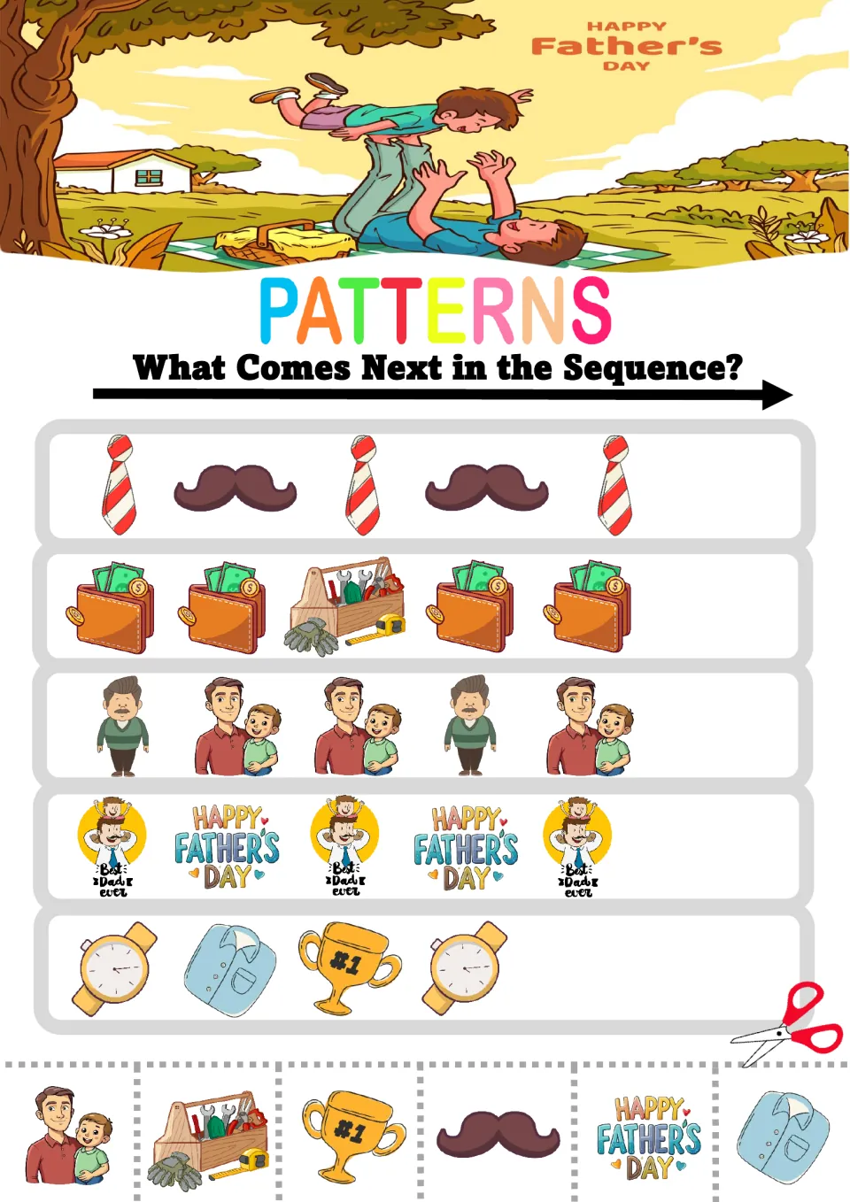 Father's Day pattern finish: students add the next picture to tie and mustache, wallet and toolbox, watch and shirt rows