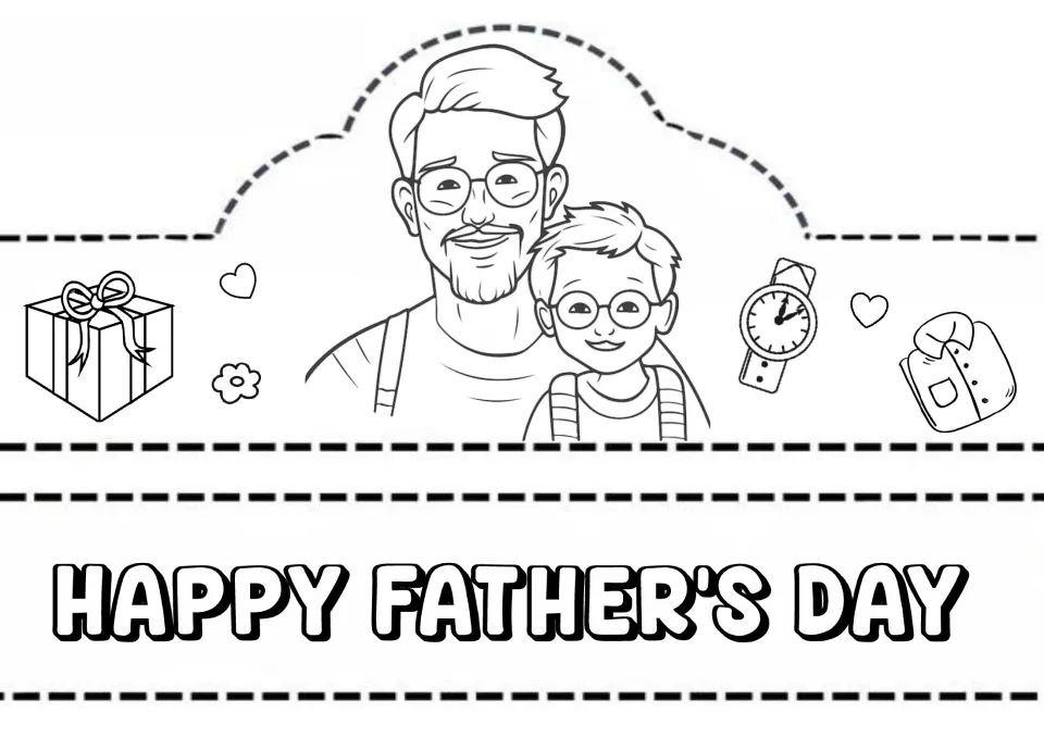 Father's Day crown to colour and cut out: dad and son in glasses with gift and watch, plus a HAPPY FATHER'S DAY band strip