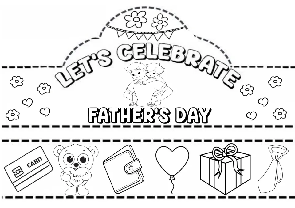 Let's Celebrate Father's Day crown to colour: child riding on dad's shoulders, with a strip of card, wallet, gift and tie