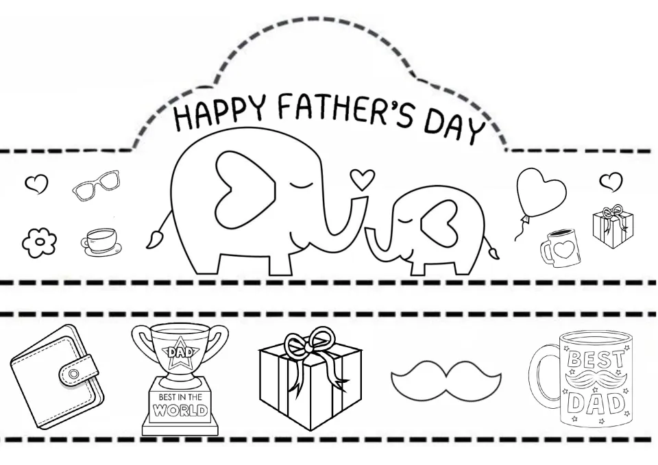 Happy Father's Day crown to colour with a big and little elephant, plus a strip showing a wallet, DAD trophy and mustache