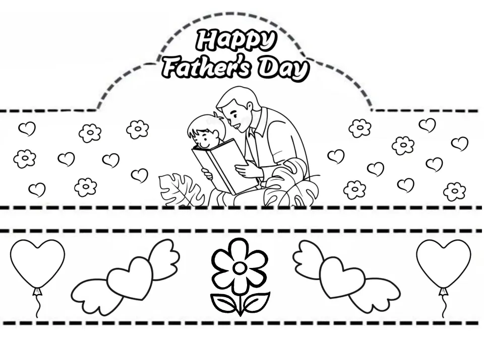 Happy Father's Day crown to colour showing dad reading a book with his son, plus a strip of heart balloons and a flower