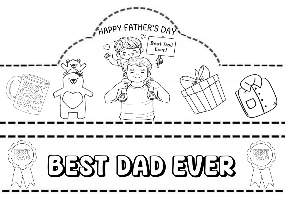 Happy Father's Day crown to colour: boy on dad's shoulders holding a sign, with mug, bears, gift and a slogan band strip