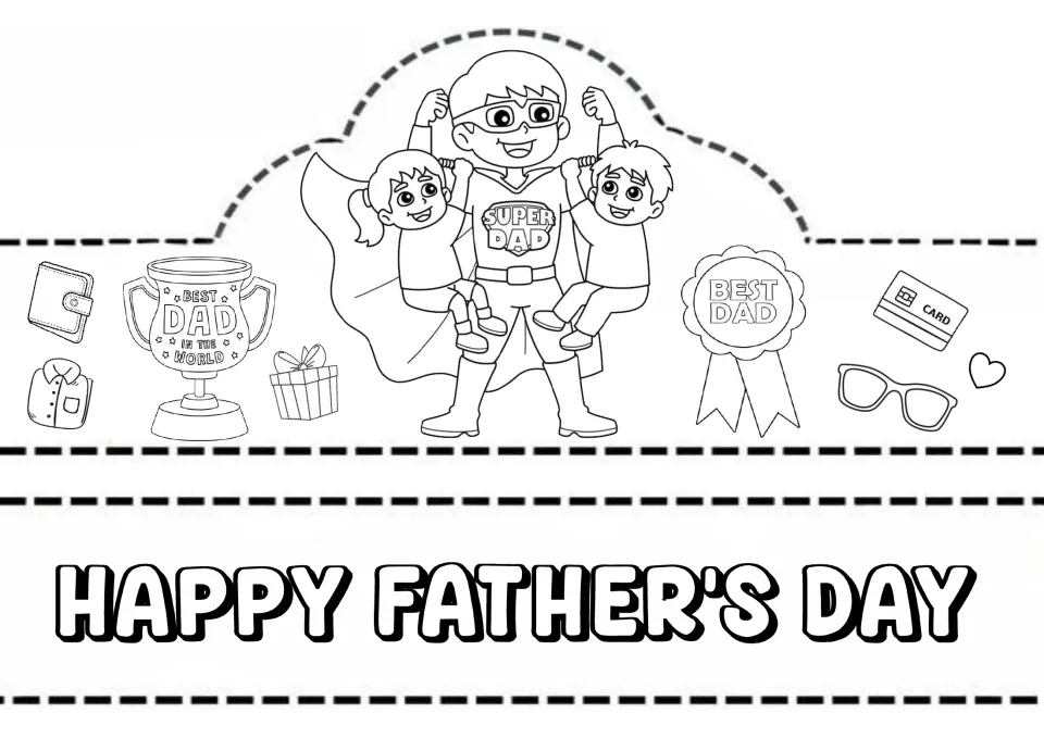 Crown to colour with a caped superhero dad lifting two children, a trophy and a ribbon, plus a HAPPY FATHER'S DAY strip