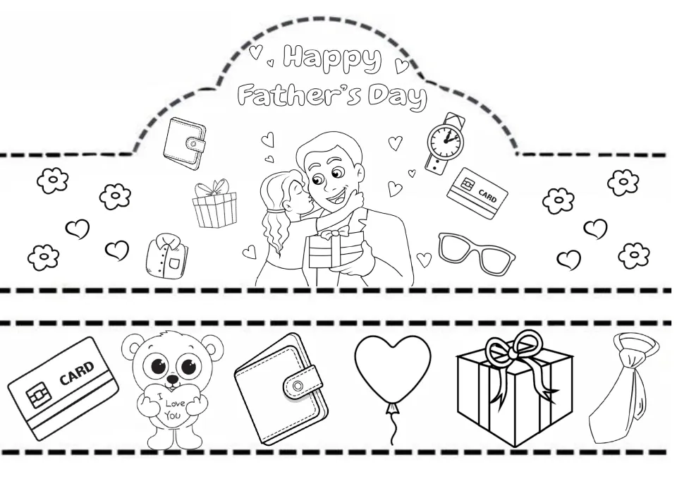 Happy Father's Day crown to colour: girl kissing dad as he holds a gift, plus a strip with card, teddy bear and wallet