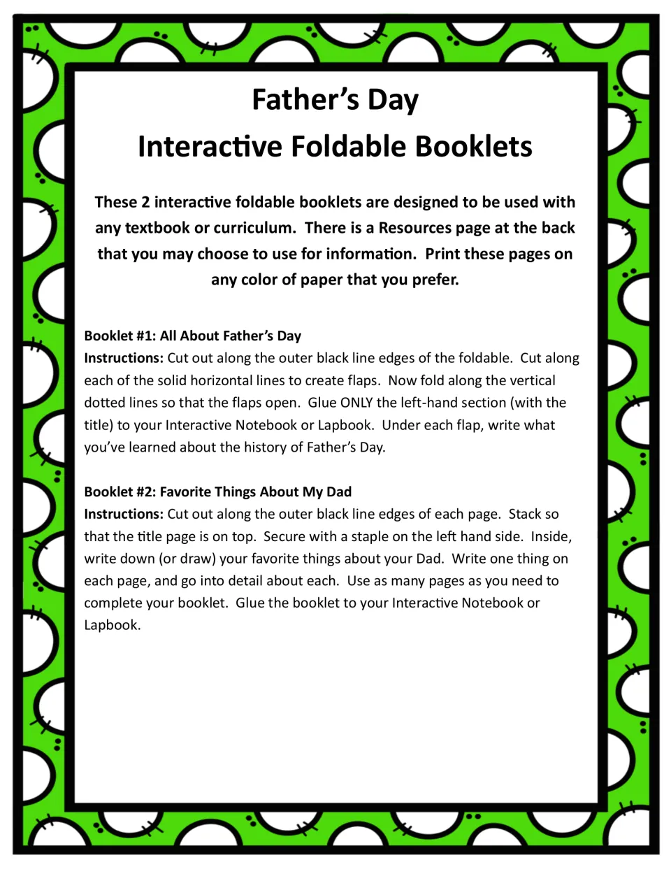 Instructions for assembling the research foldable and the Favorite Things About My Dad booklet