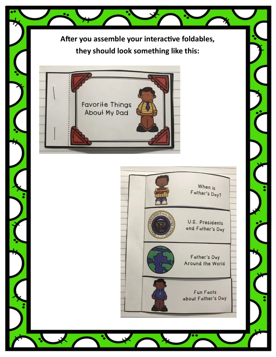 Assembly examples show the completed Favorite Things About My Dad booklet and four-flap research foldable