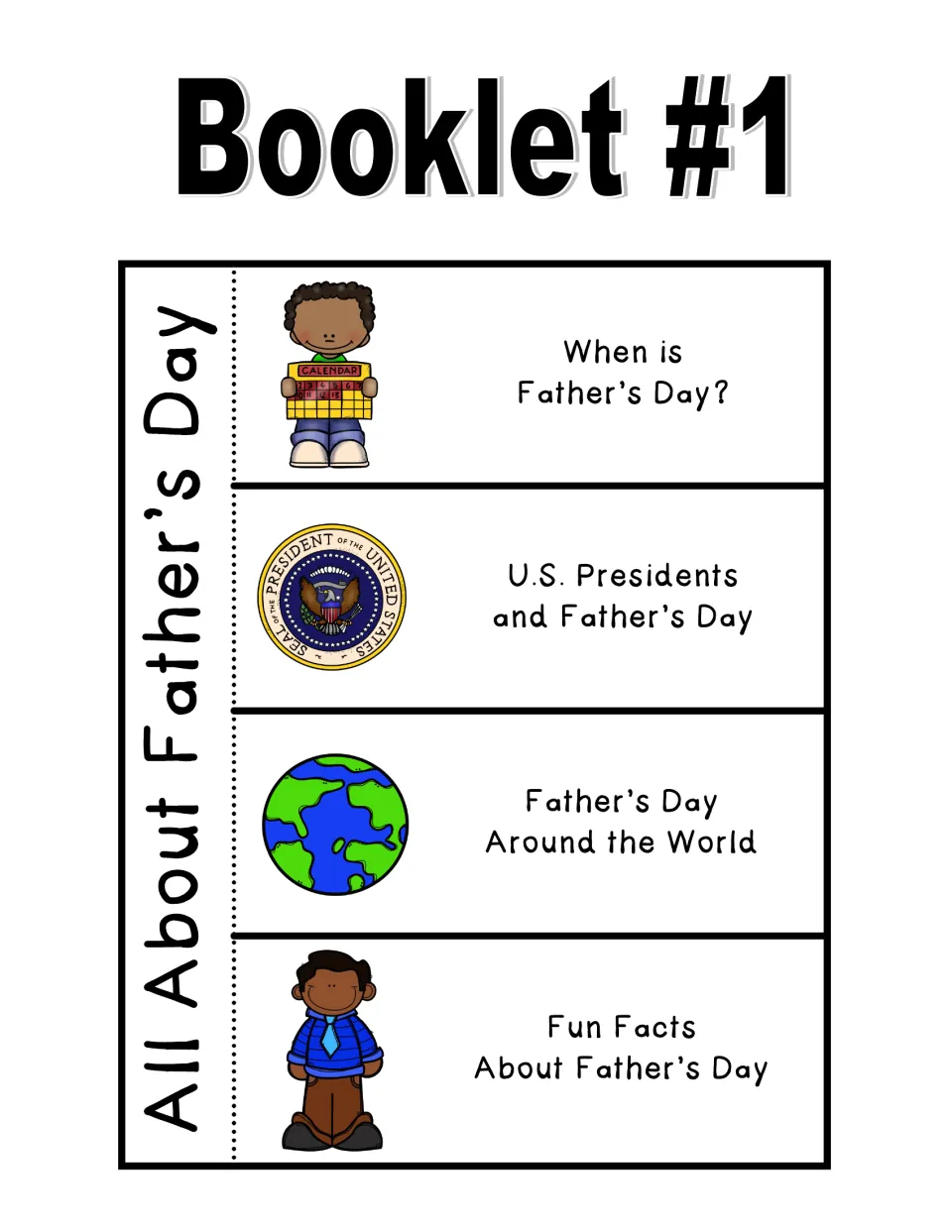 Booklet #1 research flaps: Father's Day date, U.S. presidents, celebrations around the world, and fun facts