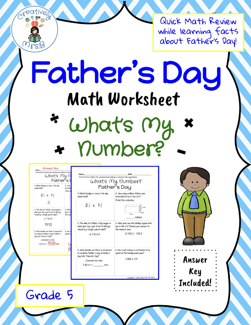 Father's Day Math Worksheet cover, What's My Number? Grade 5 math review with Father's Day facts; answer key included