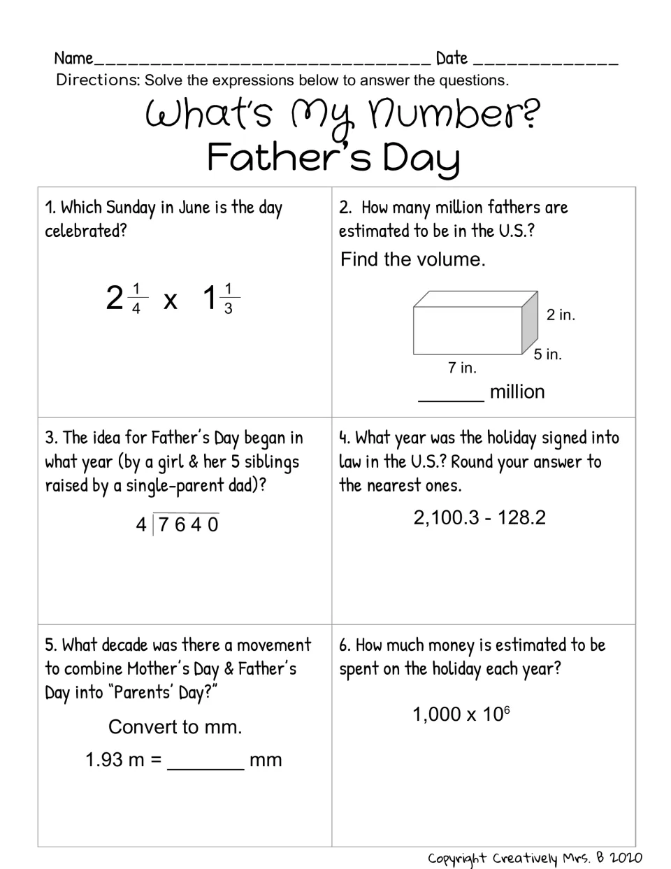 What's My Number? Father's Day: students multiply mixed numbers, find volume, divide, subtract decimals, convert m to mm