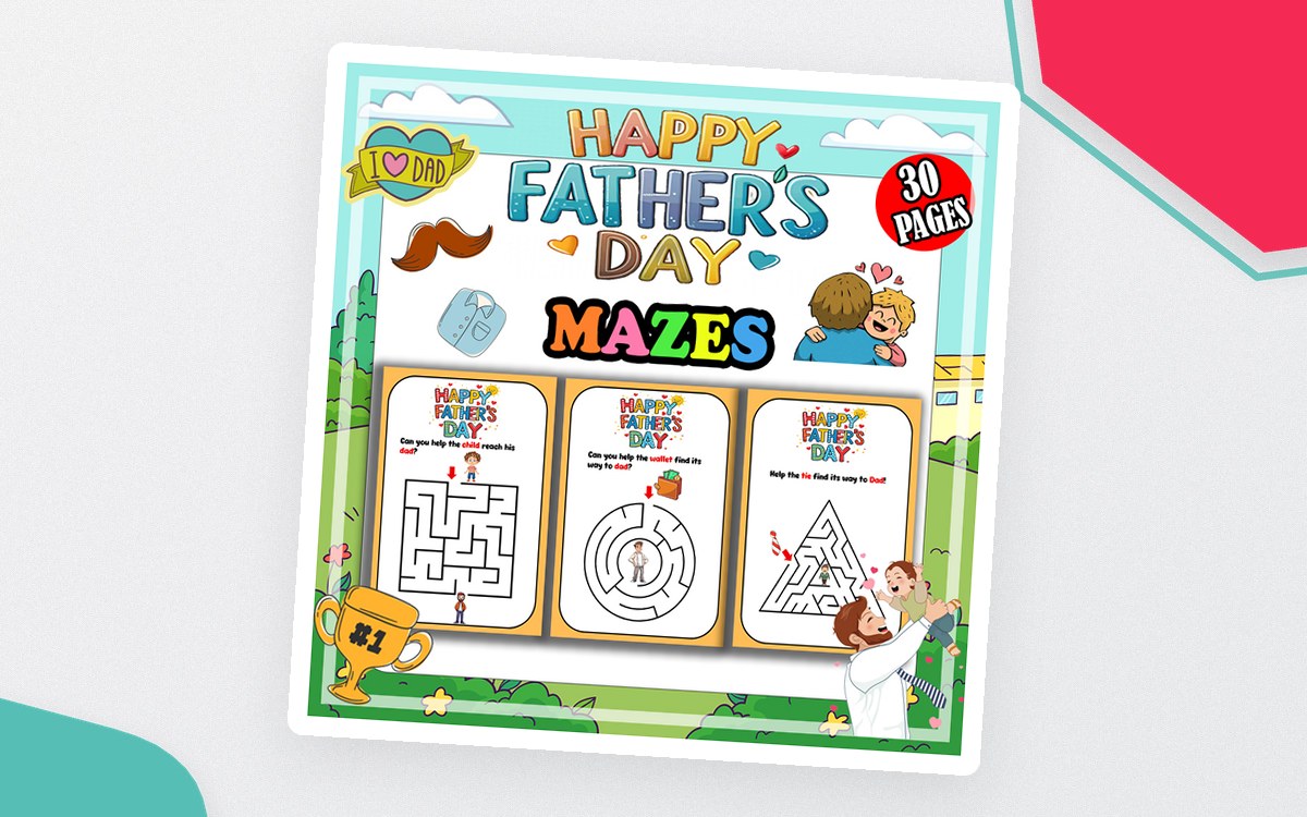 Father's Day mazes cover with three sample puzzle pages and family illustrations