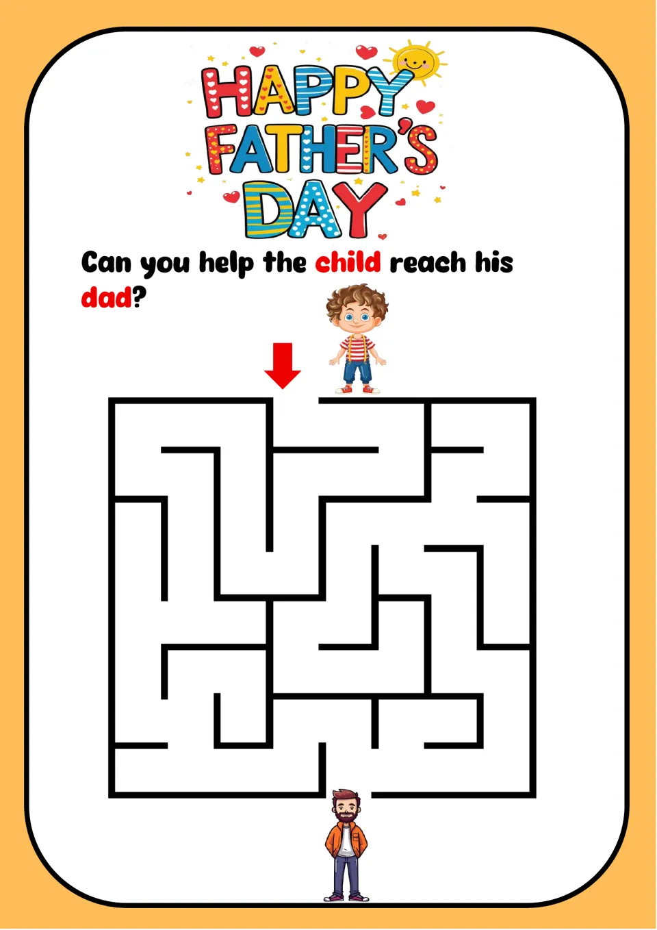 Father's Day maze: students trace a path through a square maze to help the child reach his dad at the bottom exit