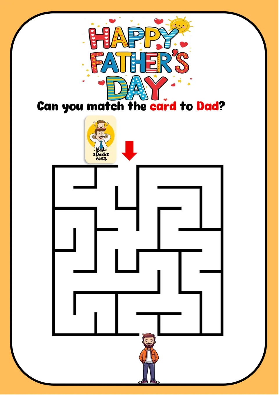 Father's Day square maze: students trace a path to bring a greeting card with a dad picture down to Dad at the exit