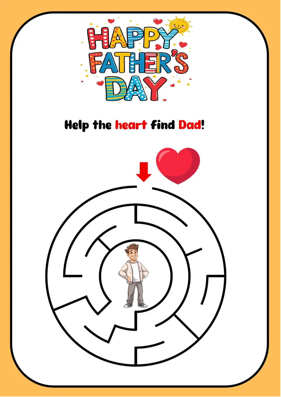 Father's Day circle maze: students help a red heart find Dad, tracing from the top opening to the maze's center