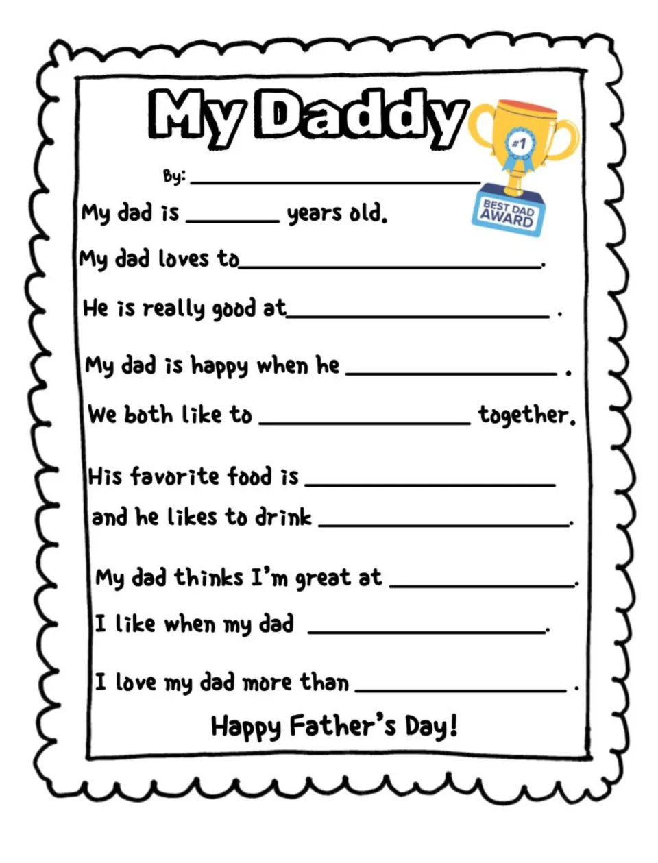 My Daddy questionnaire: 10 prompts about Dad's age, interests, favorite food and drink, and time together