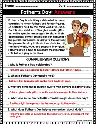 Father's Day Reading Comprehension + Answers – sample page 3