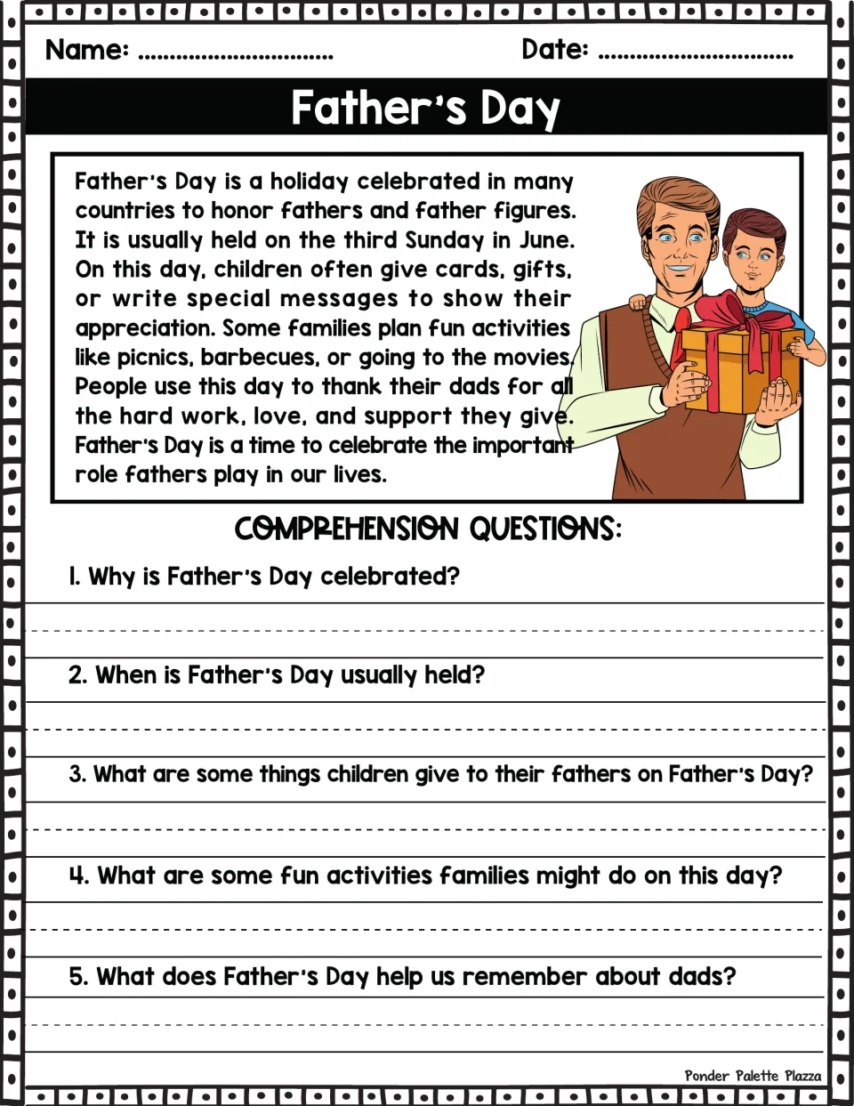 Father's Day passage on when and how families celebrate, followed by five written comprehension questions to answer