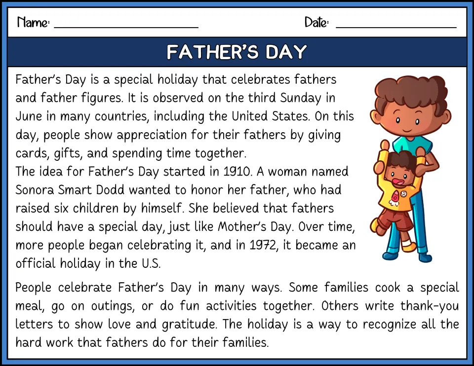 Father's Day history passage in color: students read about Sonora Smart Dodd, the 1910 idea and 1972 official holiday