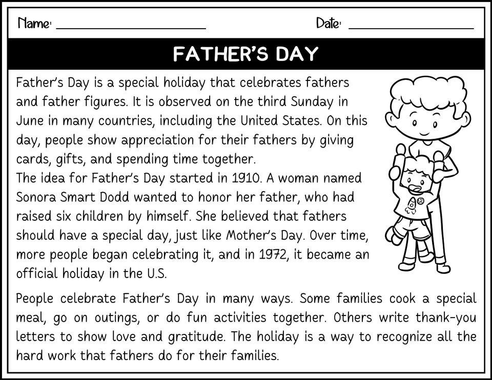 Black-and-white Father's Day passage: students read how the holiday began with Sonora Smart Dodd and how families celebrate