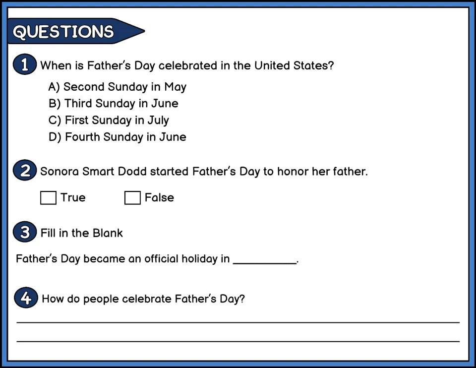Father's Day questions 1-4 in color: students answer multiple choice, true/false, fill-in-the-blank and a short response