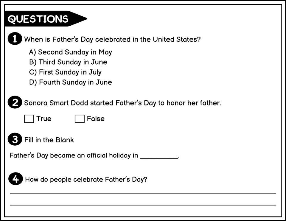 Black-and-white Father's Day questions 1-4: students recall the June date, the founder, the 1972 year and ways to celebrate
