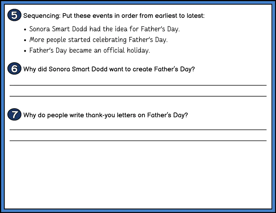 Father's Day questions 5-7 in color: students sequence three history events, then explain why Dodd and families honor dads