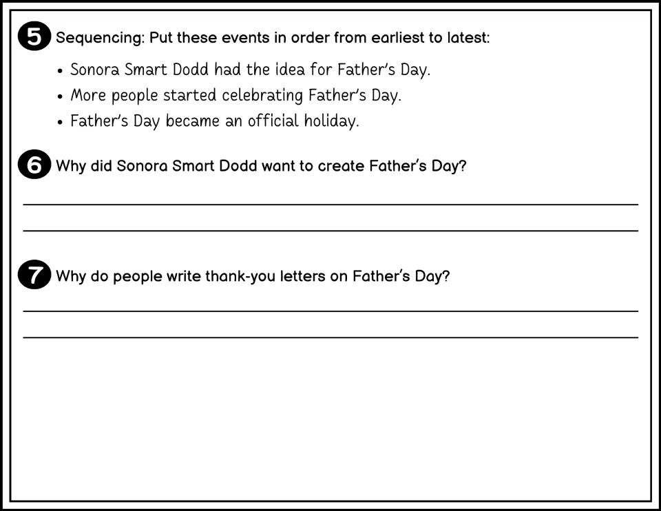 Black-and-white Father's Day questions 5-7: students order events from earliest to latest and write about thank-you letters
