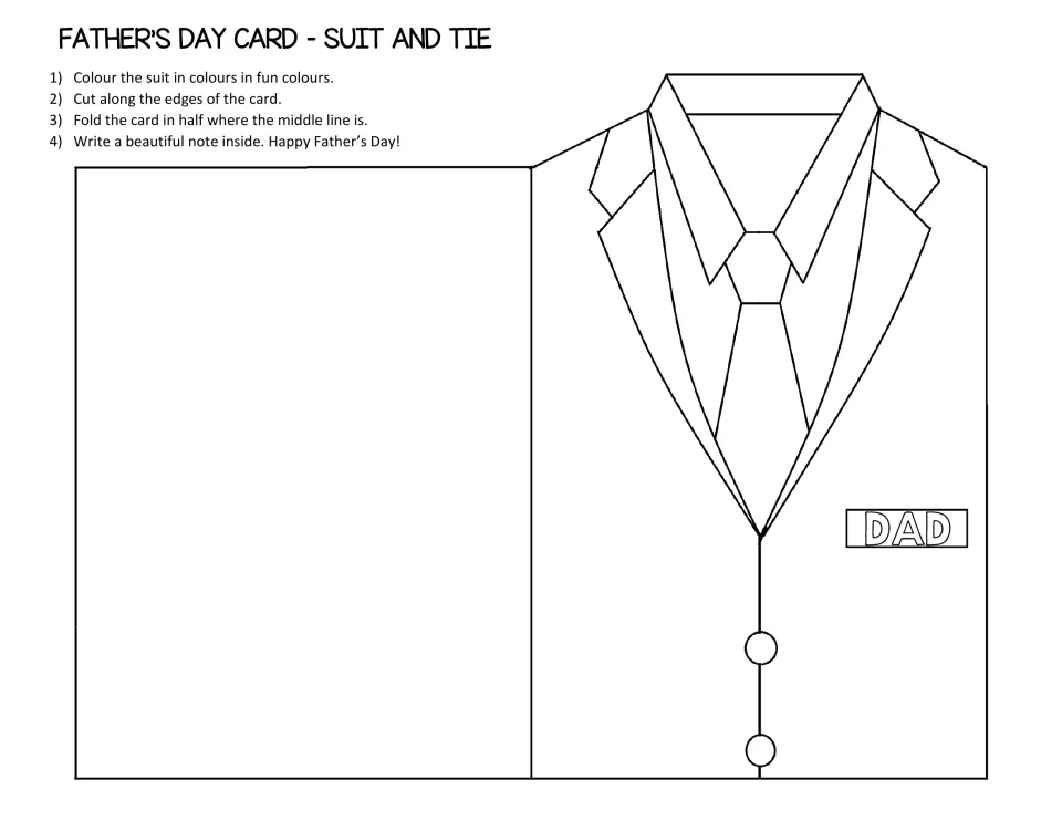 Father's Day suit and tie card in English: students colour the suit labeled DAD, cut it out, fold it and write a note