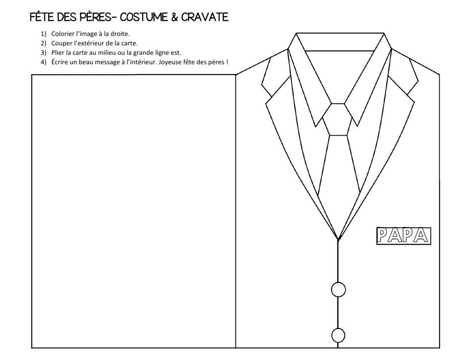 Fête des pères card in French: students colour a suit and tie labeled PAPA, cut out the card, fold it and write a message