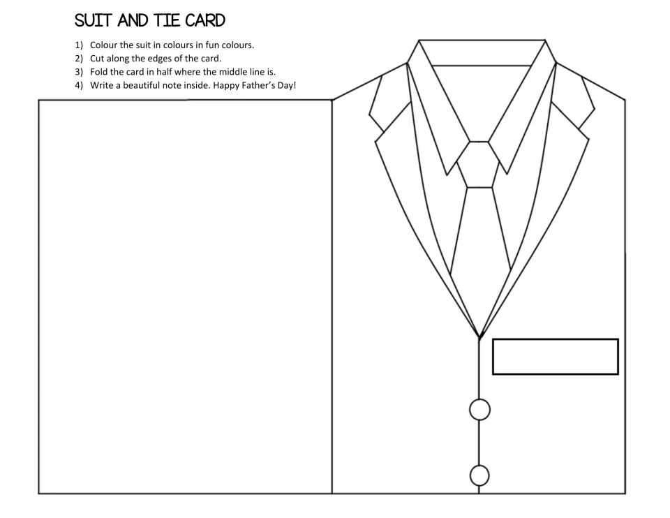 Suit and tie card in English with a blank name tag on the pocket: students colour, cut out and fold it, then write a note