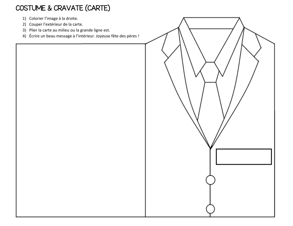 Costume et cravate card in French with an empty pocket tag: students colour, cut out, fold and write a message inside