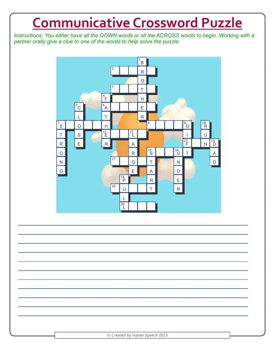 Communicative crossword, Down version: students clue words like BROTHER, FATHER, STRONG and DAD aloud to a partner