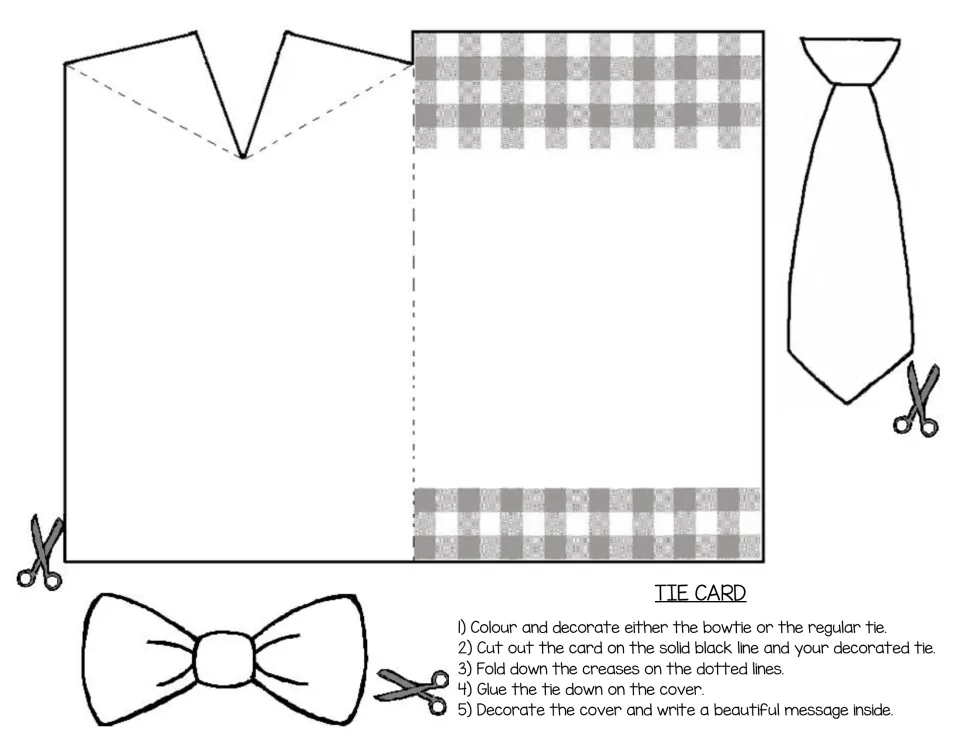Tie card template in English: students colour a necktie or bowtie, cut out the shirt card, fold the collar and glue the tie