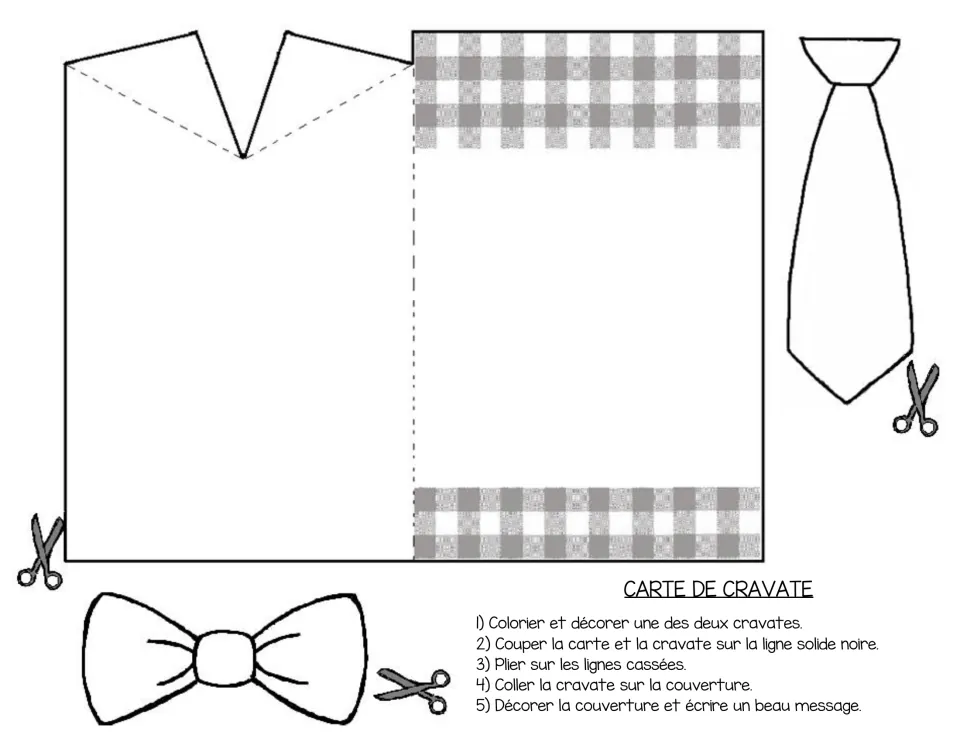 Carte de cravate in French: the same shirt card, necktie and bowtie to colour, cut out, fold and glue, with French steps
