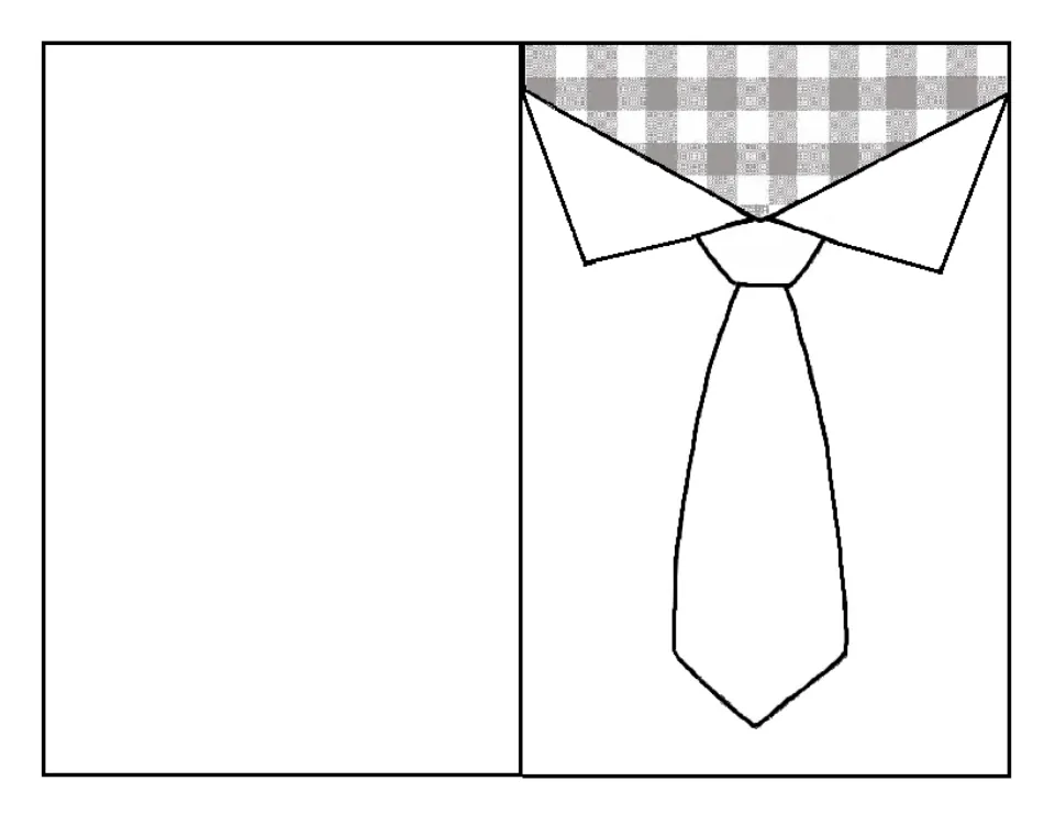 Finished tie card example: shirt front with folded collar over gingham and a plain necktie ready to colour on the cover