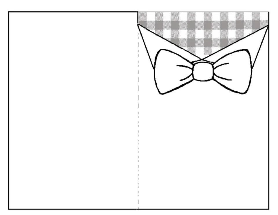 Finished bowtie card example: shirt front with folded collar over gingham and a bowtie at the neck ready to colour