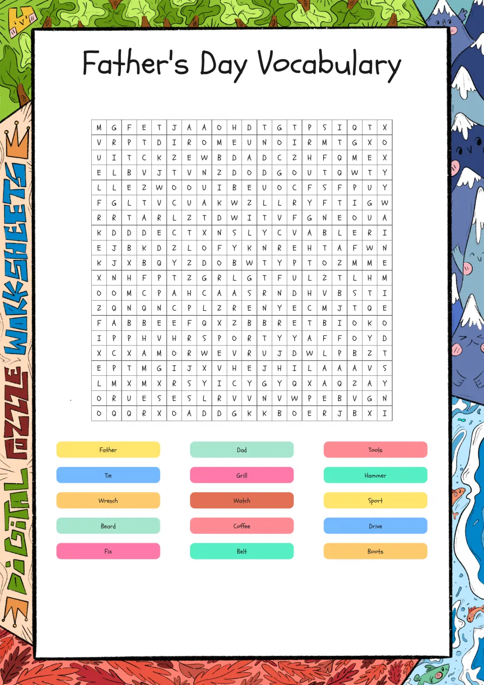 Father's Day vocabulary word search: students find 15 words such as dad, tie, grill, hammer, beard and boots