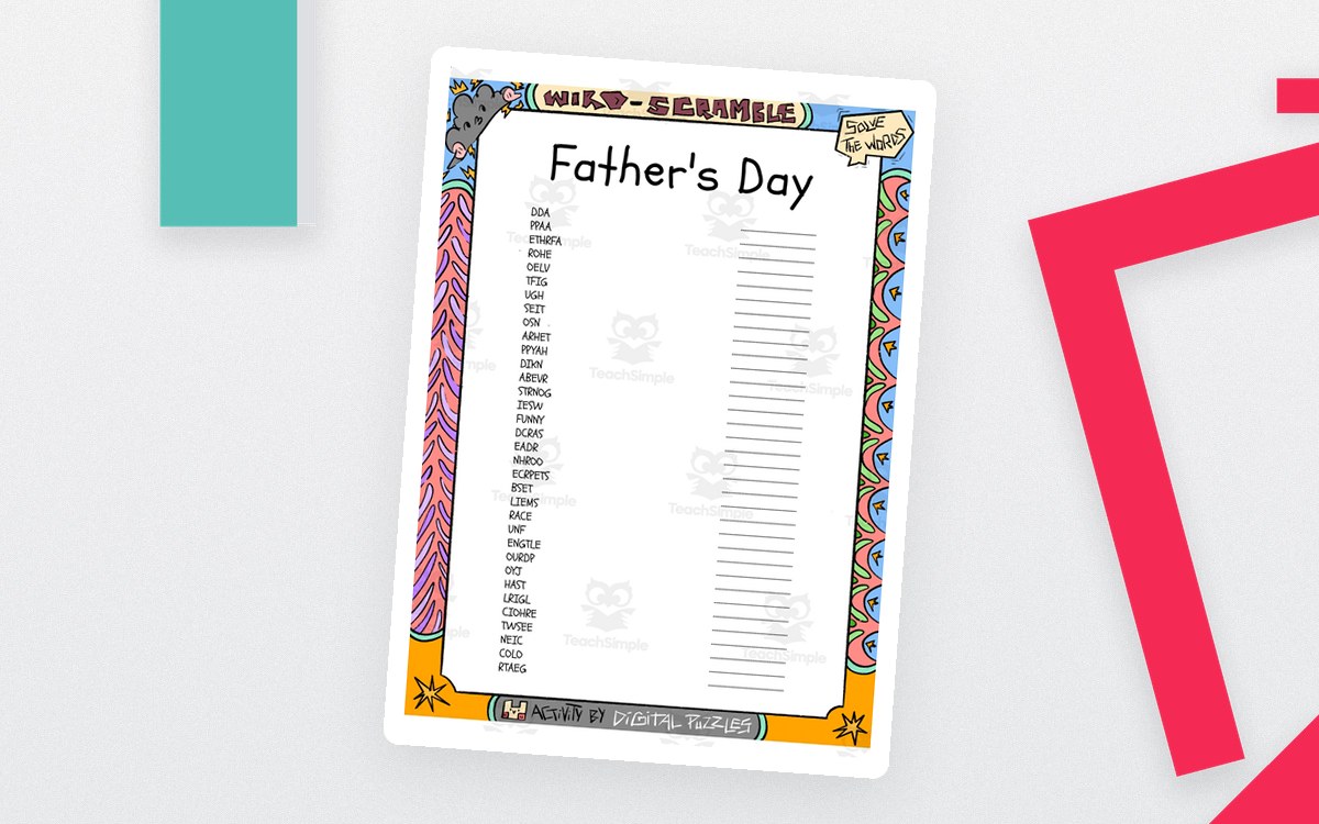 Father's Day word Scramble puzzle worksheet preview: Father’s Day scrambled words