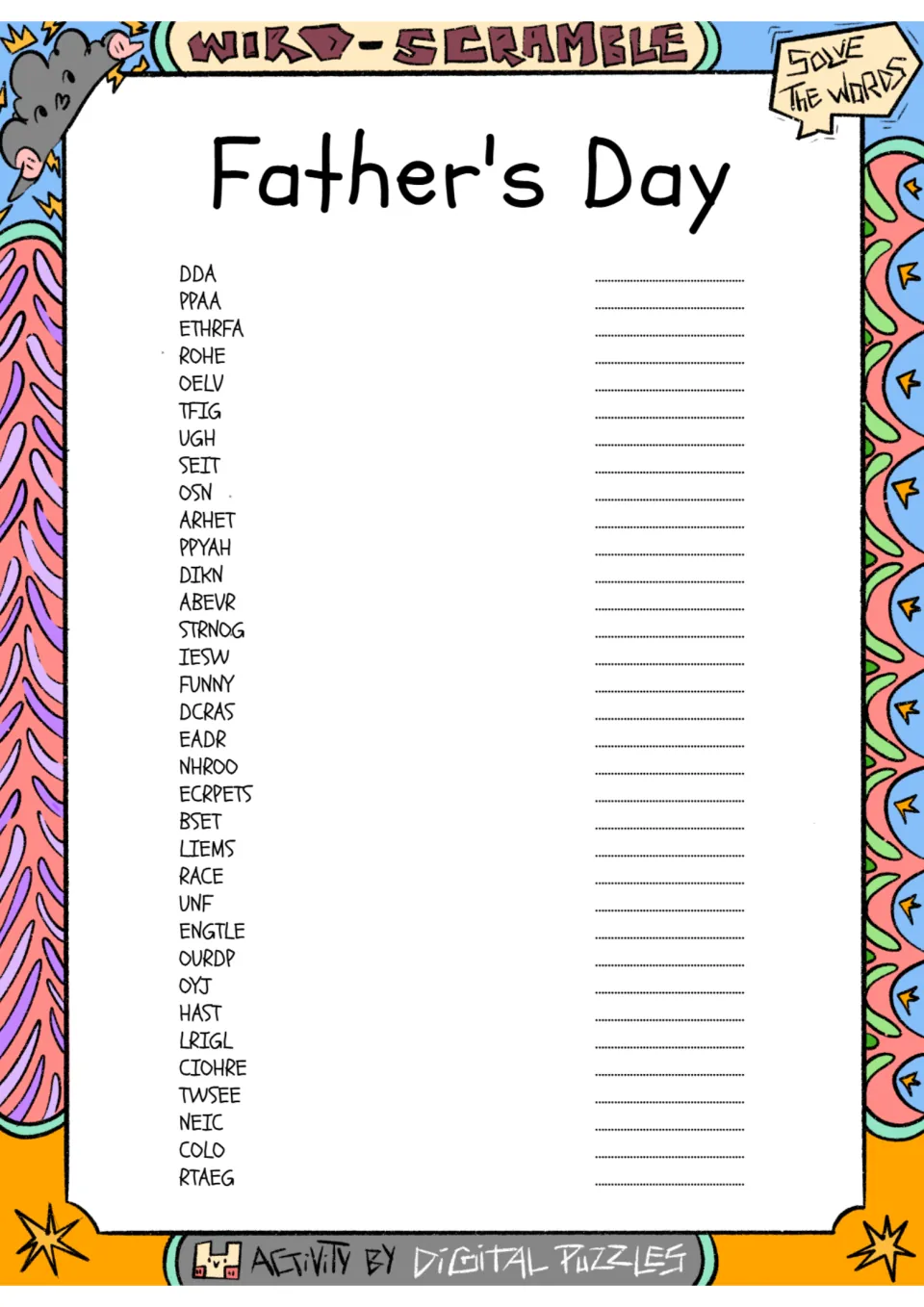 Father's Day word scramble: students unscramble 34 words such as DDA, ETHRFA and ARHET and write each answer beside it